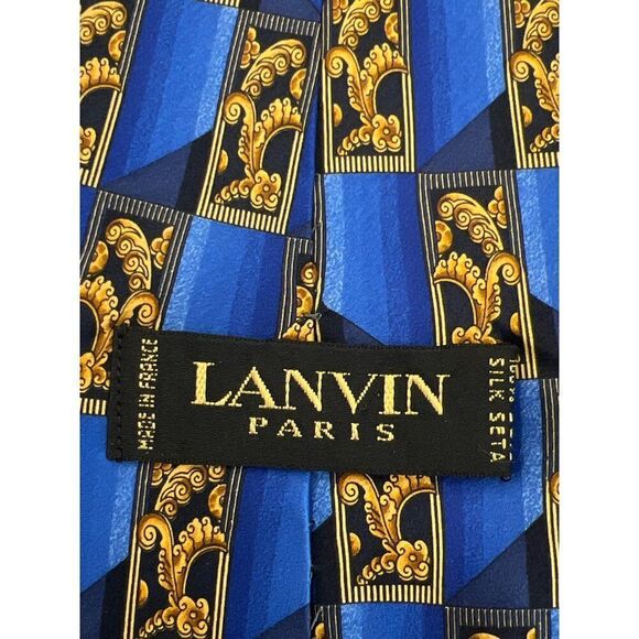 Lanvin Paris Men Blue Gold Art Deco Print Silk Neck Tie - Picture 3 of 4